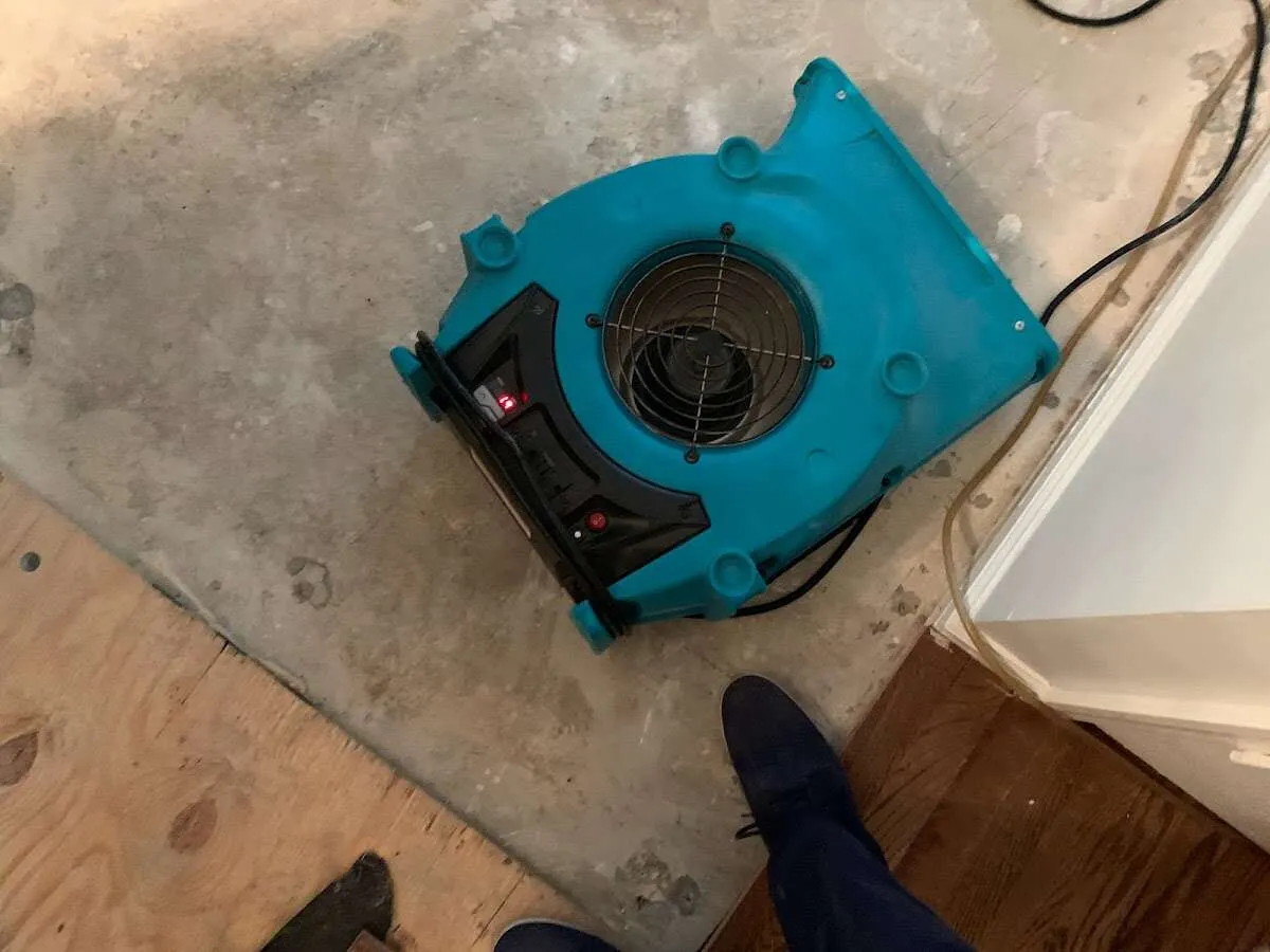 Air mover drying subfloor during Leak Detection & Repair in Sikeston